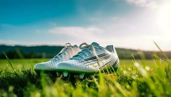 Grün Sport Schuh auf Gras im Wiese generiert durch ai foto