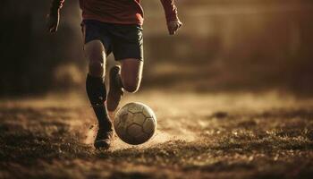 Männer treten Fußball Ball auf Gras Feld generiert durch ai foto