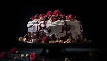 nachsichtig hausgemacht Schokolade Beere Käsekuchen mit Himbeere Soße generiert durch ai foto