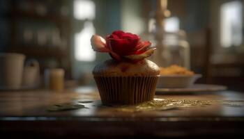 frisch gebacken Gourmet Muffins auf rustikal Tabelle generiert durch ai foto