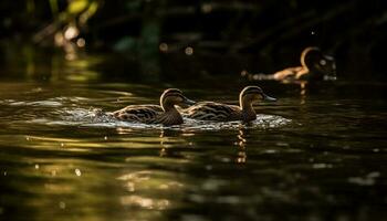 Stockente Ente Familie Schwimmen im still Teich generiert durch ai foto