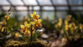 frisch Grün Blätter blühen im beschwingt lila Wiese generiert durch ai foto