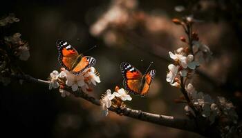 beschwingt Schmetterling Sitzstangen auf frisch Blume Kopf generiert durch ai foto