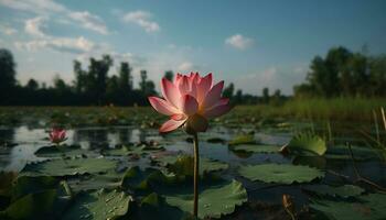 Lotus Wasser Lilie blühen spiegelt still Schönheit generiert durch ai foto