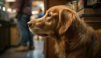 golden Retriever Hündchen Sitzung drinnen, warten zum Liebe generiert durch ai foto