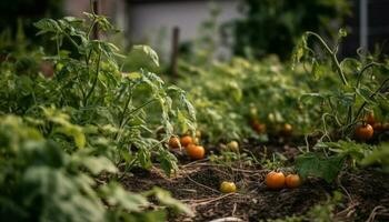 frisch organisch Tomaten wachsen im gesund Gemüse Garten generiert durch ai foto