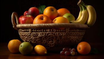 frisch Obst Korb orange, Apfel, Traube, Banane generiert durch ai foto