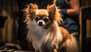 flauschige pommerschen Hündchen Sitzung auf Inhaber Runde generiert durch ai foto