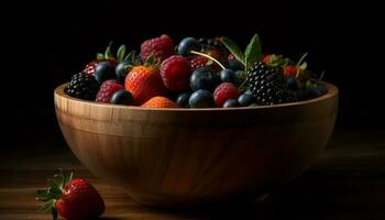 rustikal Obst Schüssel, organisch Beeren, gesund Snack generiert durch ai foto