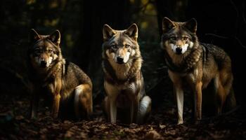 grau Wolf und Deutsche Schäfer Sitzung im Schnee generiert durch ai foto