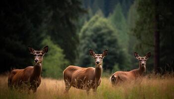 jung Damhirschkuh Weiden lassen im still Wald Wiese generiert durch ai foto