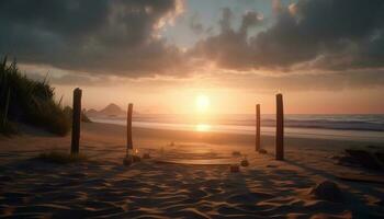 Sonne geküsst Sand, still Wellen, idyllisch Holz generiert durch ai foto