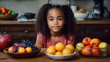 lächelnd Mädchen im inländisch Küche Essen Obst generiert durch ai foto