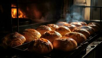 frisch gebacken brot, Ofen Hitze, Gourmet Mahlzeit generiert durch ai foto