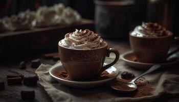 rustikal Tabelle hält Gourmet Kaffee und Dessert generiert durch ai foto