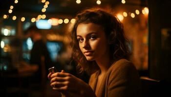 lächelnd jung Frau halten trinken, beleuchtet durch Weihnachten Beleuchtung generiert durch ai foto