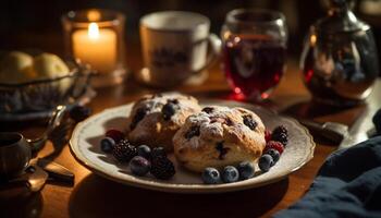 frisch Beere Muffins auf rustikal hölzern Tabelle generiert durch ai foto