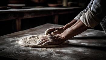 handgemacht Brot Teig geknetet auf hölzern Tabelle generiert durch ai foto