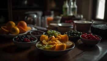 frisch Beere Schüssel auf hölzern Tabelle drinnen generiert durch ai foto