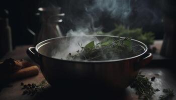 gesund Suppe gekocht auf rustikal Holz Feuer generiert durch ai foto