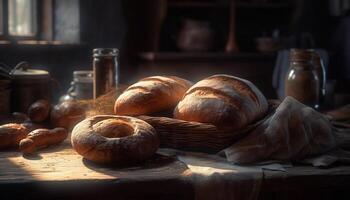 ein rustikal Korb von hausgemacht brot, frisch generiert durch ai foto