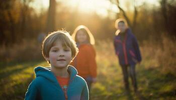 Familie von vier genießt Herbst Tag im Wald generiert durch ai foto