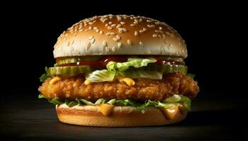gegrillt Gourmet Cheeseburger mit frisch Gemüse und Fritten generiert durch ai foto