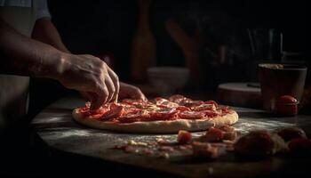 handgemacht Gourmet Pizza gebacken im rustikal Pizzeria generiert durch ai foto