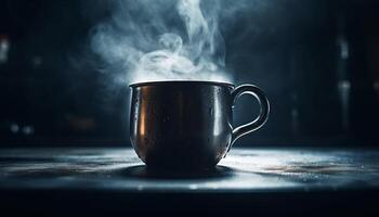 rustikal Kaffee Becher auf hölzern Schreibtisch Dämpfe generiert durch ai foto