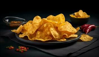 knackig Tortilla Chips Stapel hoch mit Guacamole generiert durch ai foto