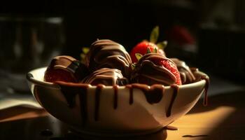 nachsichtig hausgemacht Schokolade Dessert mit frisch Beere Obst generiert durch ai foto