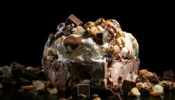 nachsichtig Dessert Stapel gebrochen Brownie, Fudge, Eis Sahne generiert durch ai foto