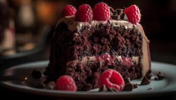 nachsichtig Gourmet Schokolade Kuchen mit frisch Himbeere Dekoration generiert durch ai foto