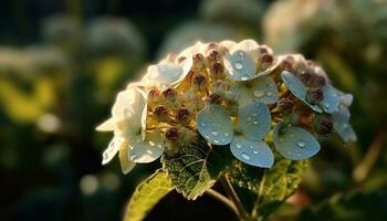 frisch Hortensie Blüte, nass mit Morgen Tau generiert durch ai foto