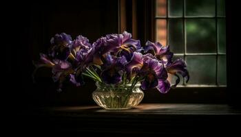 rustikal Eleganz ein Strauß von lila Tulpen generiert durch ai foto