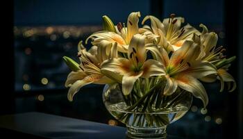 Glas Vase hält frisch Strauß, Natur Eleganz generiert durch ai foto