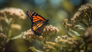 Monarch Schmetterling bestäubt beschwingt Blume im Sommer- generiert durch ai foto