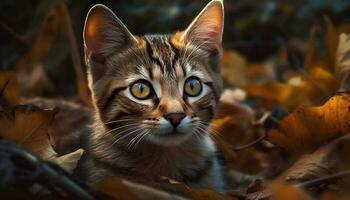 flauschige Kätzchen Sitzung im Herbst Gras, starren generiert durch ai foto