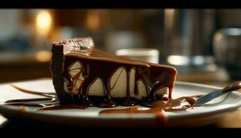 nachsichtig Scheibe von hausgemacht dunkel Schokolade Kuchen generiert durch ai foto