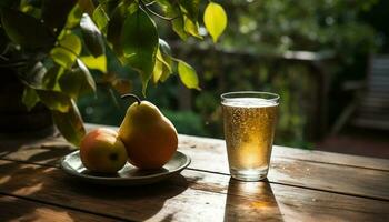 organisch Obst auf hölzern Platte, erfrischend Sommer- trinken generiert durch ai foto