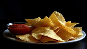 würzig Guacamole tauchen auf knackig Tortilla Chips generiert durch ai foto