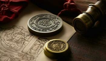 Antiquität Münze auf Tabelle Vermögen, Gesetz, Erfolg generiert durch ai foto