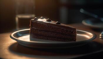 nachsichtig Schokolade Dessert auf hölzern Platte, bereit zu Essen generiert durch ai foto