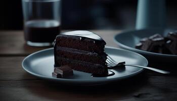 dunkel Schokolade Brownie Scheibe auf hölzern Teller generiert durch ai foto