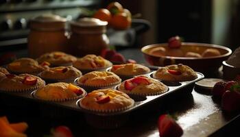 frisch gebacken Beere Muffins, ein Süss Genuss generiert durch ai foto