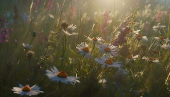 beschwingt Kamille Blüten im still Wiese Sonnenaufgang generiert durch ai foto