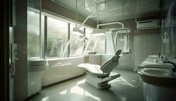 sauber modern inländisch Badezimmer mit Metall Dental Ausrüstung und beleuchtet Technologie generiert durch ai foto