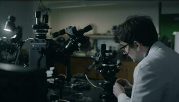 einer kaukasisch Wissenschaftler halten ein Mikroskop, Arbeiten drinnen mit Sachverstand generiert durch ai foto