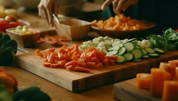 frisch Gemüse gehackt zum gesund Salat auf hölzern Schneiden Tafel generiert durch ai foto