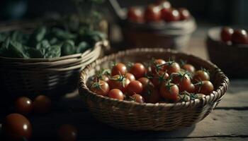 gesund Vegetarier Salat mit reif Kirsche Tomaten im rustikal Korbweide Schüssel generiert durch ai foto